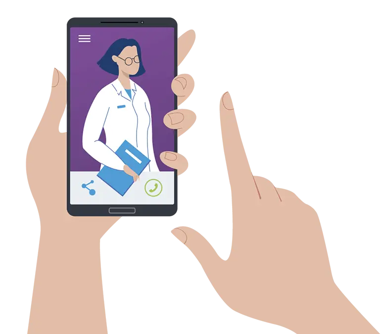 Hand holding a mobile phone with physician to support