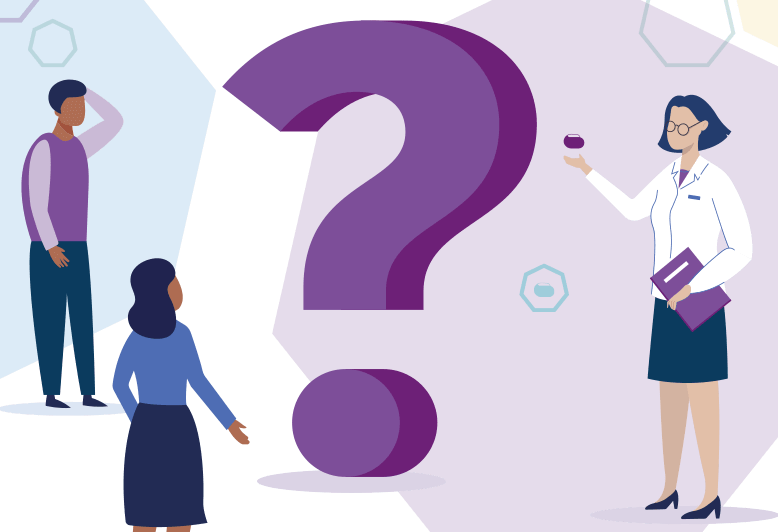 Illustration of three people talking around a question mark