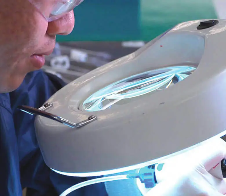 person looking through a microscope