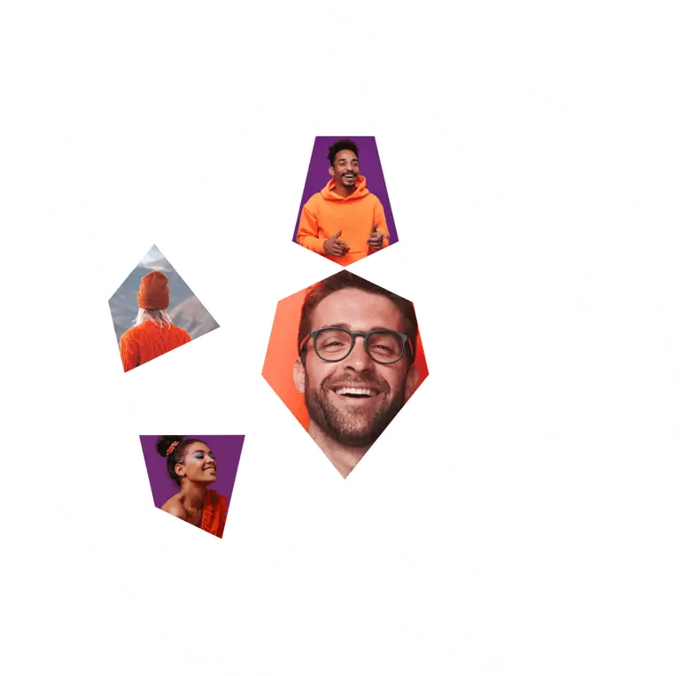 collage of people's faces in the LivaNova brand shape