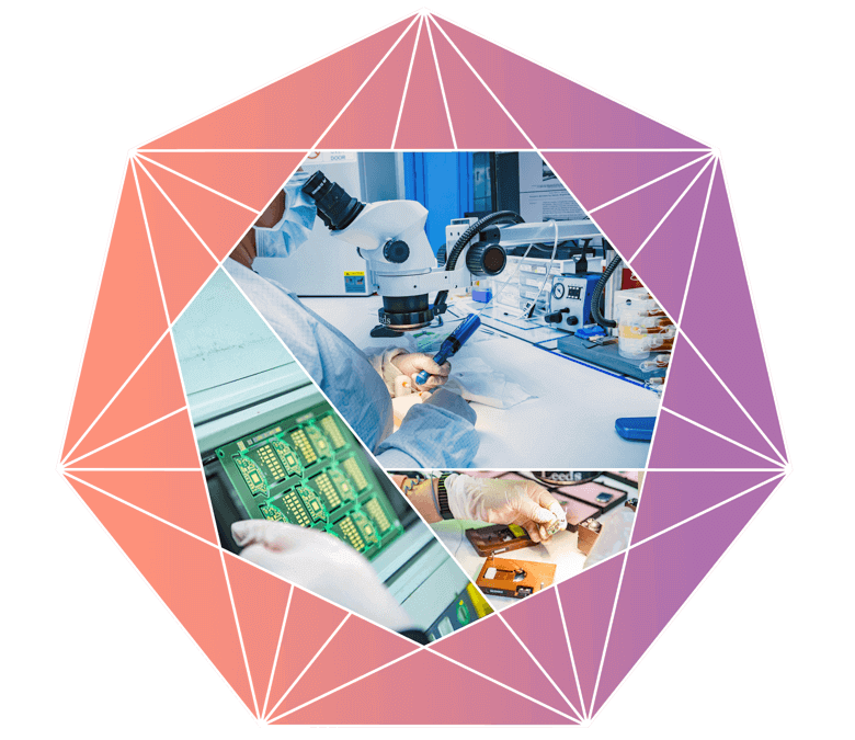 Heptagon with three photos of women doing medtech tasks